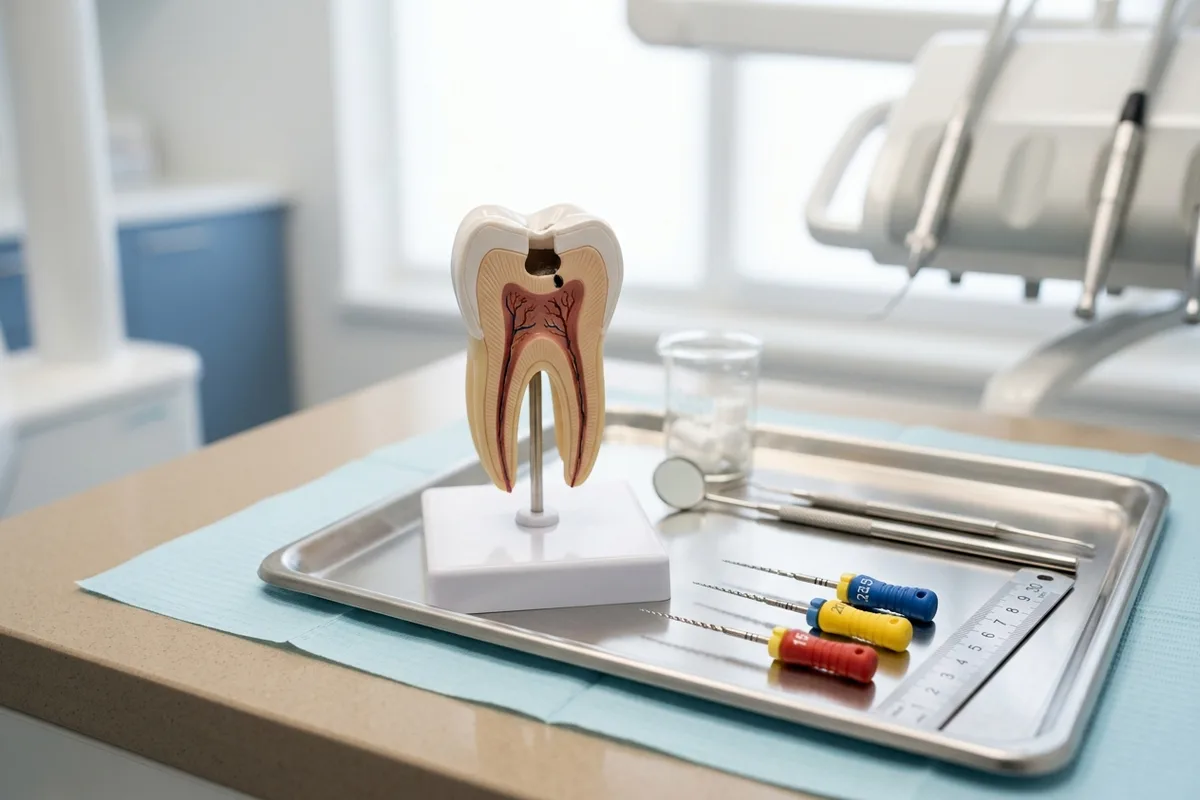 root canal treatment dental model and materials in a bright clinical setting