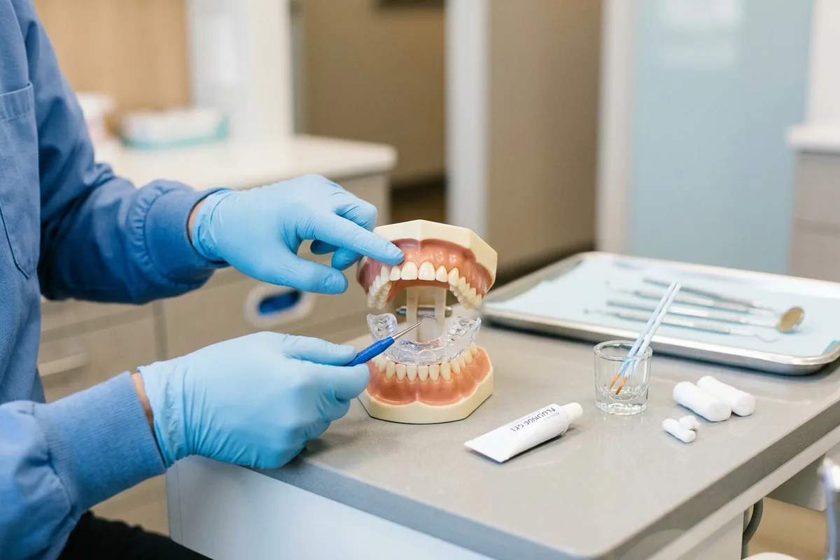 fluoride treatment dental model and materials in a bright clinical setting