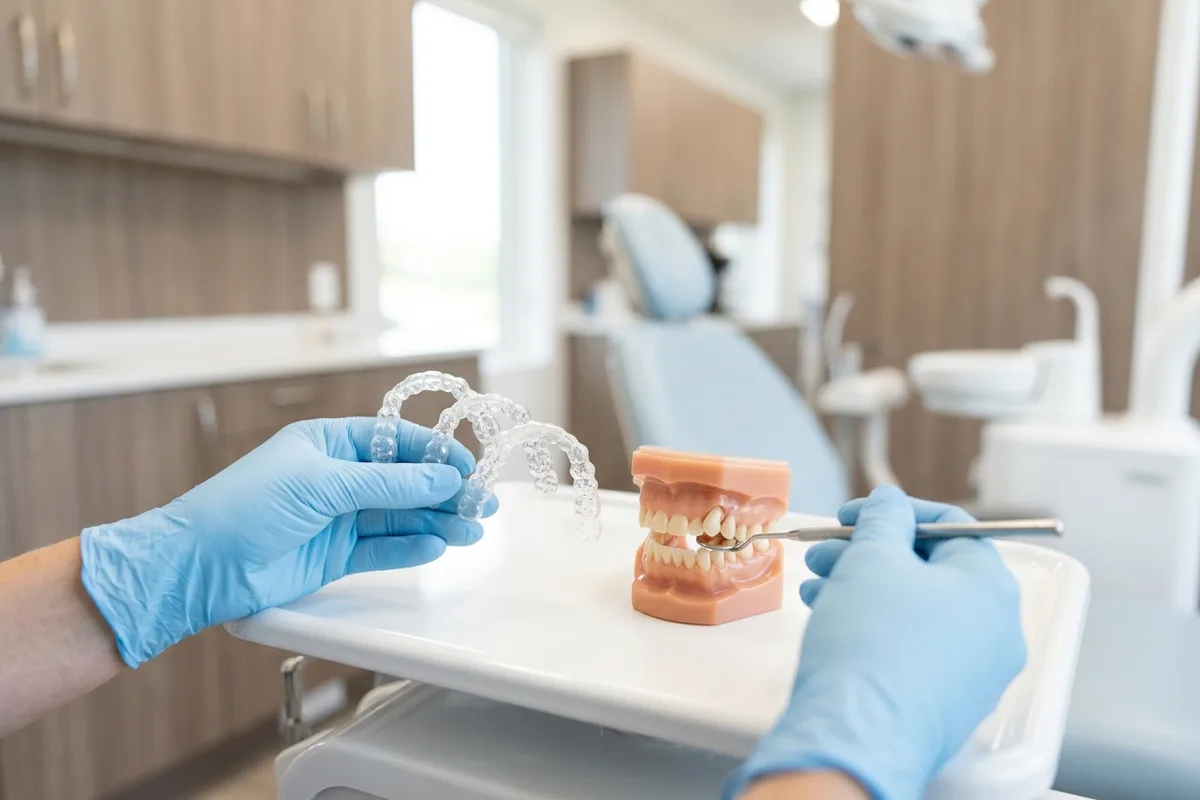 clear aligners dental model and materials in a bright clinical setting