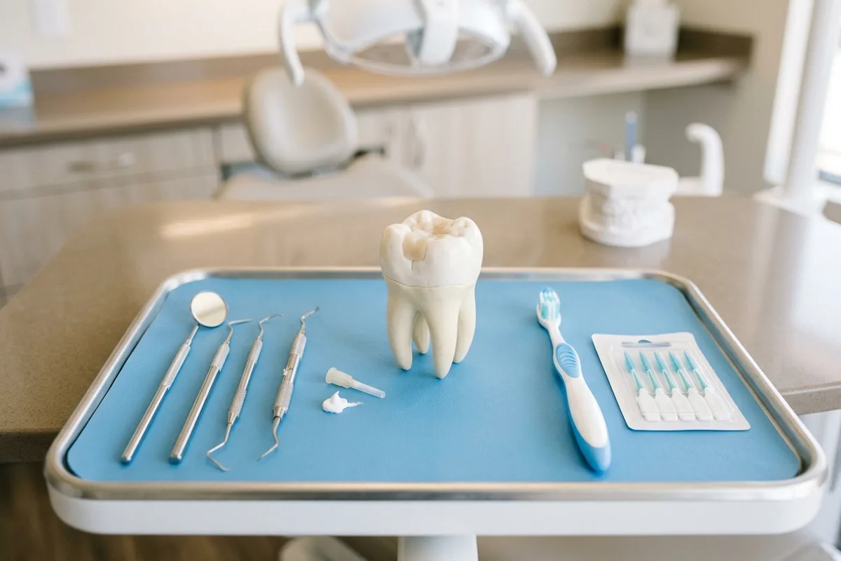 damaged tooth care dental model and materials in a bright clinical setting