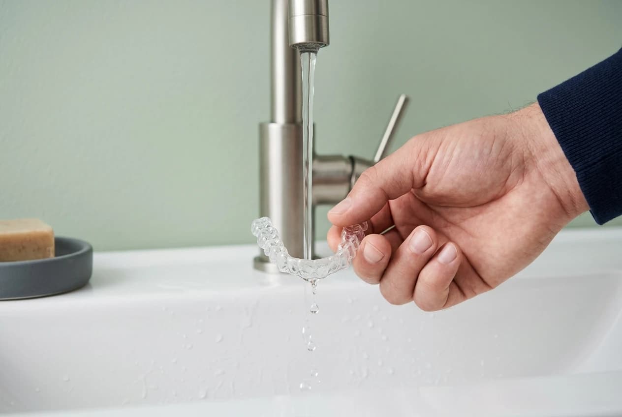 A clear aligner being rinsed over a sink as an illustrative cleaning scene.
