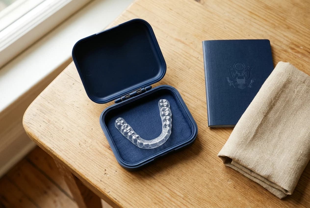 A clear aligner and protective case arranged with travel essentials.