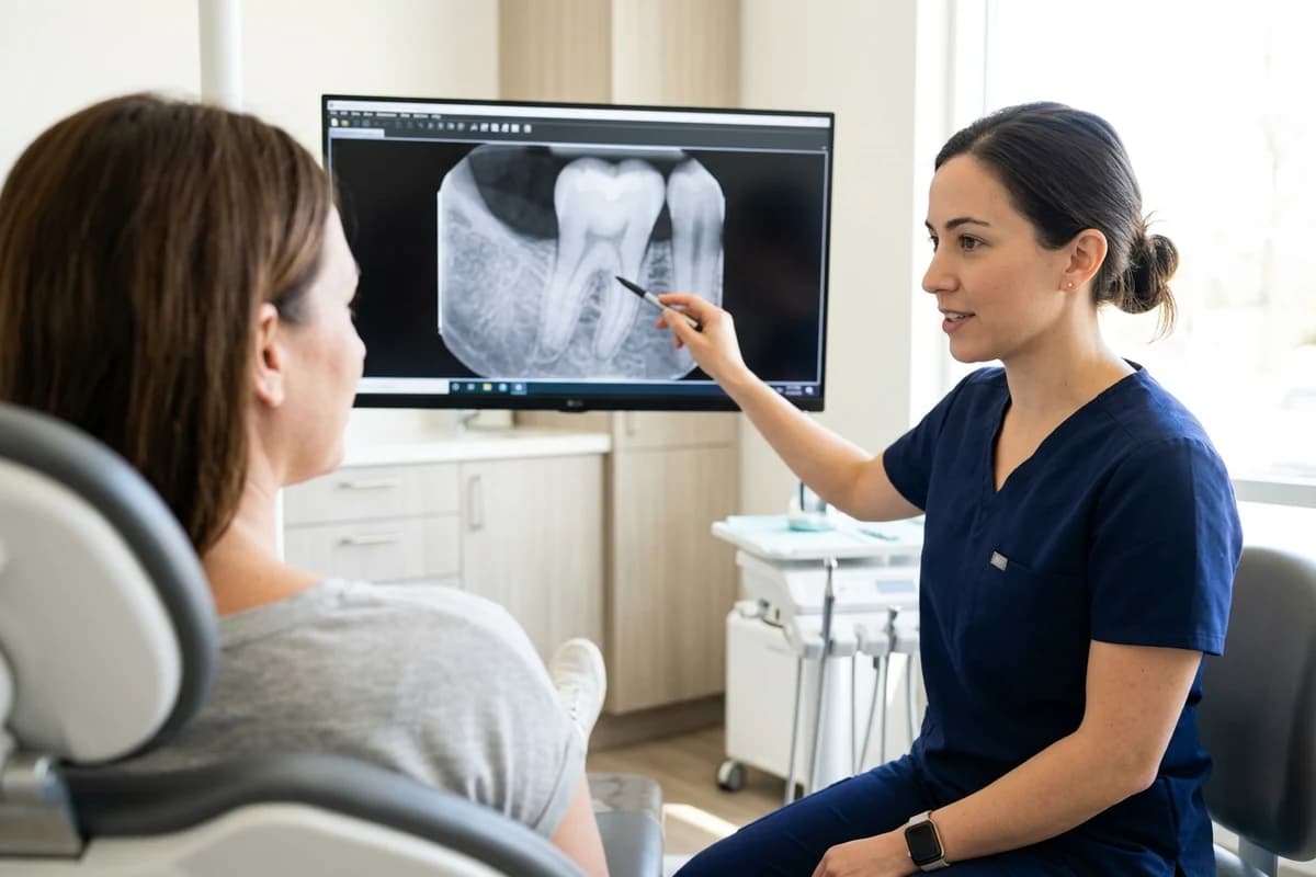 Dentist discussing a tooth scan with a patient during a consultation