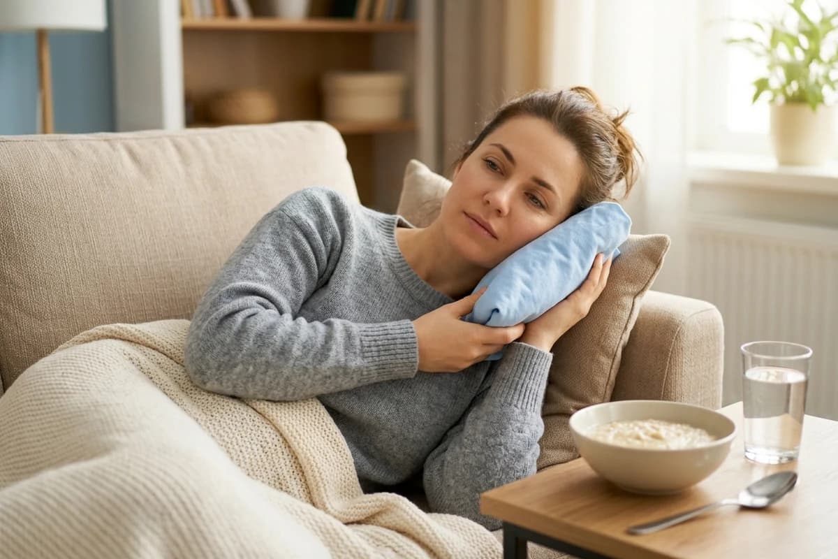 Patient resting at home with a cool compress after dental treatment