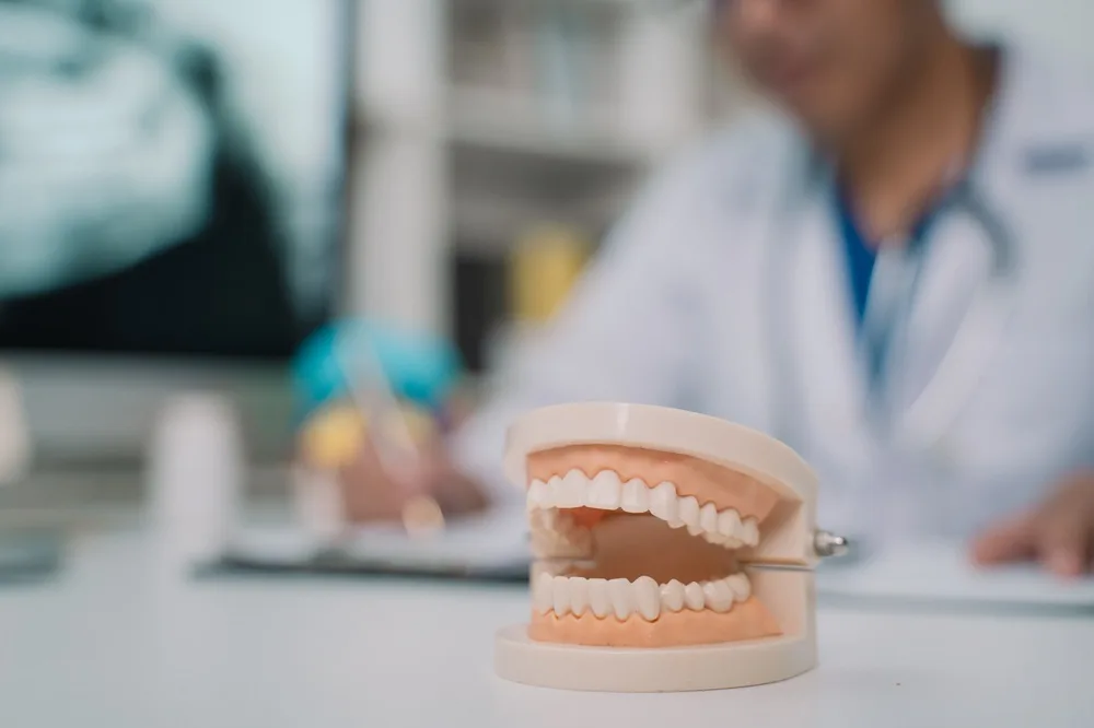 Dental model on a counter with a clinician writing notes